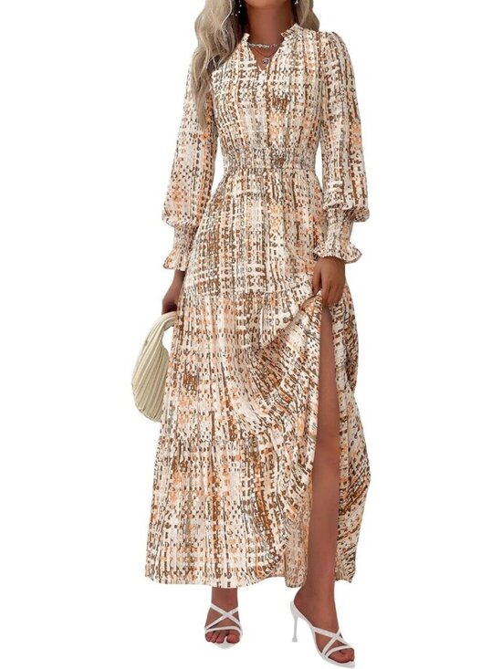 PrettyGarden Dresses & Skirts - PrettyGarden Women's Floral  Khaki Sleeve V Neck A Line Flowy Maxi Long Dress